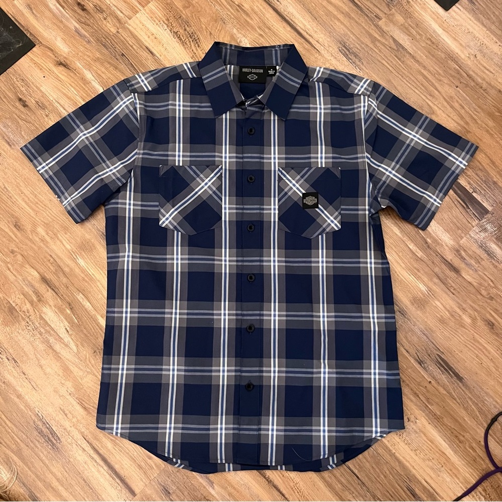 Mens Harley Davidson black shield big logo plaid button up shirt sz M blue